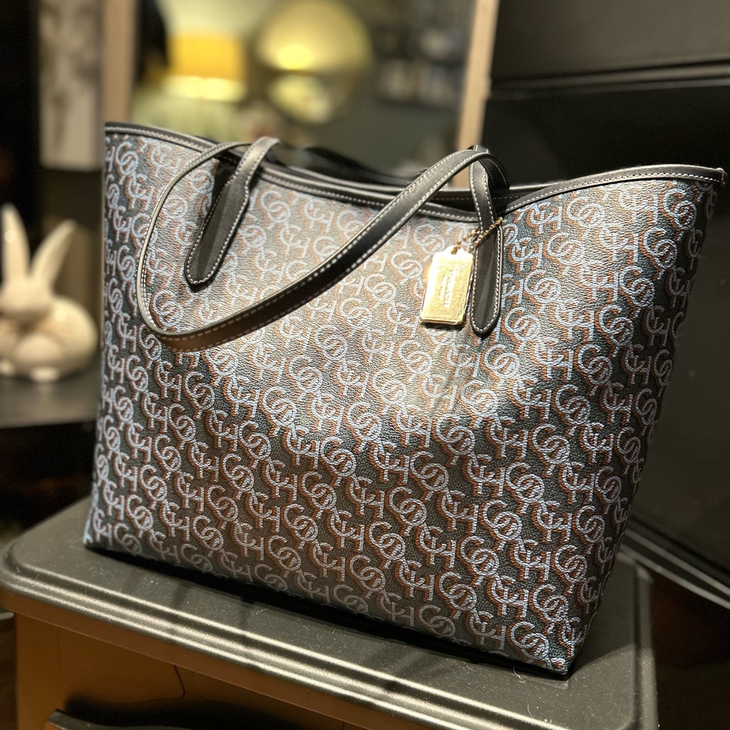 Coach Navy Canvas & Leather City Tote With Monogram Print Bag